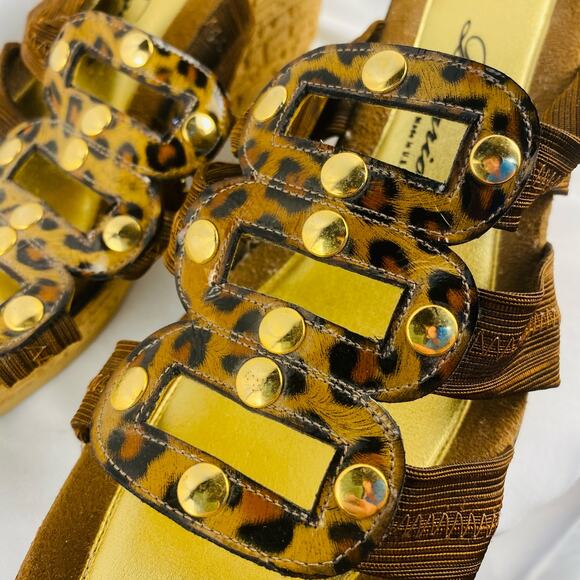 Dezario Leather Animal Print Platform Cork Wedge Sandals - Size 39 / 8.5 - Picture 4 of 9